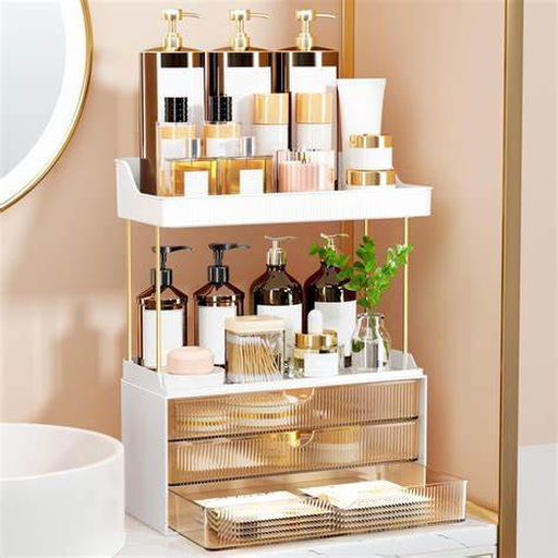 Illustrated product image for a bathroom makeup organizer with drawers
